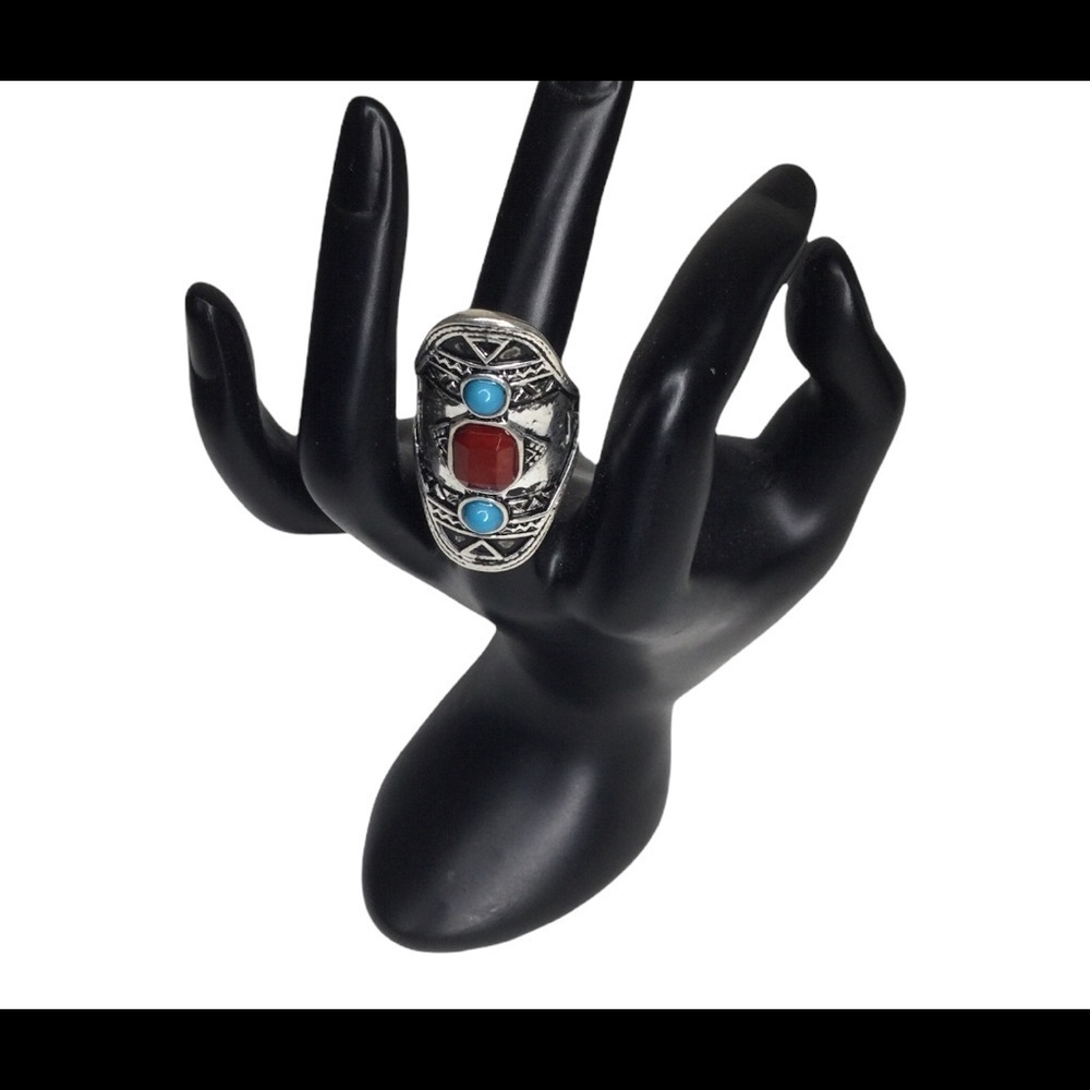 Zad beautiful silver ring blue burgundy stones size 16mm/ 5 &1/2